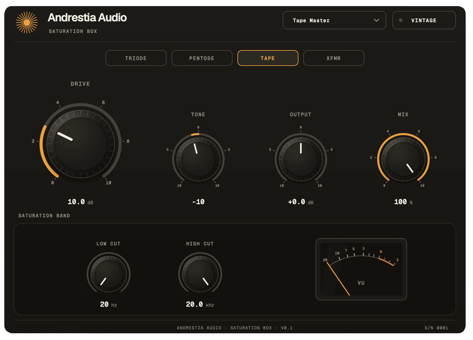 Saturation Box plugin interface: Triode, Pentode, Tape, and XFMR models, Drive, Tone, Output, and Mix knobs, a saturation band with low and high cut, and a VU meter
